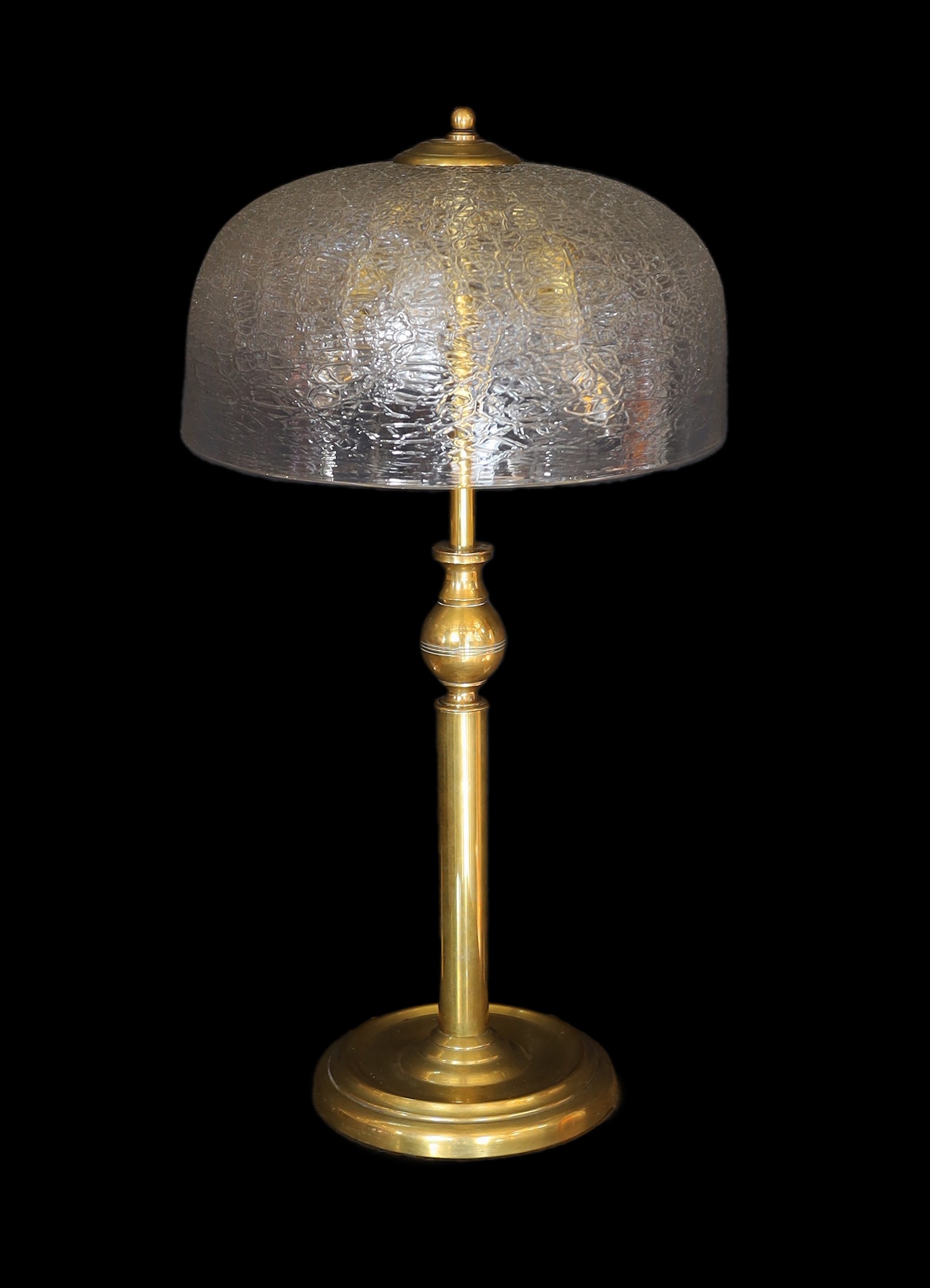 A 1960s German brass table lamp with crackle effect glass shade, height 57cm